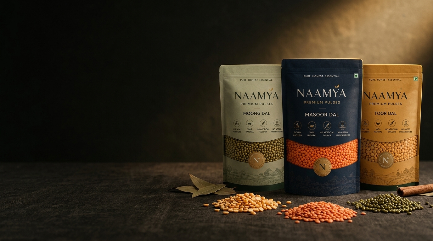 Naamya premium dal range — Moong, Masoor and Toor packs